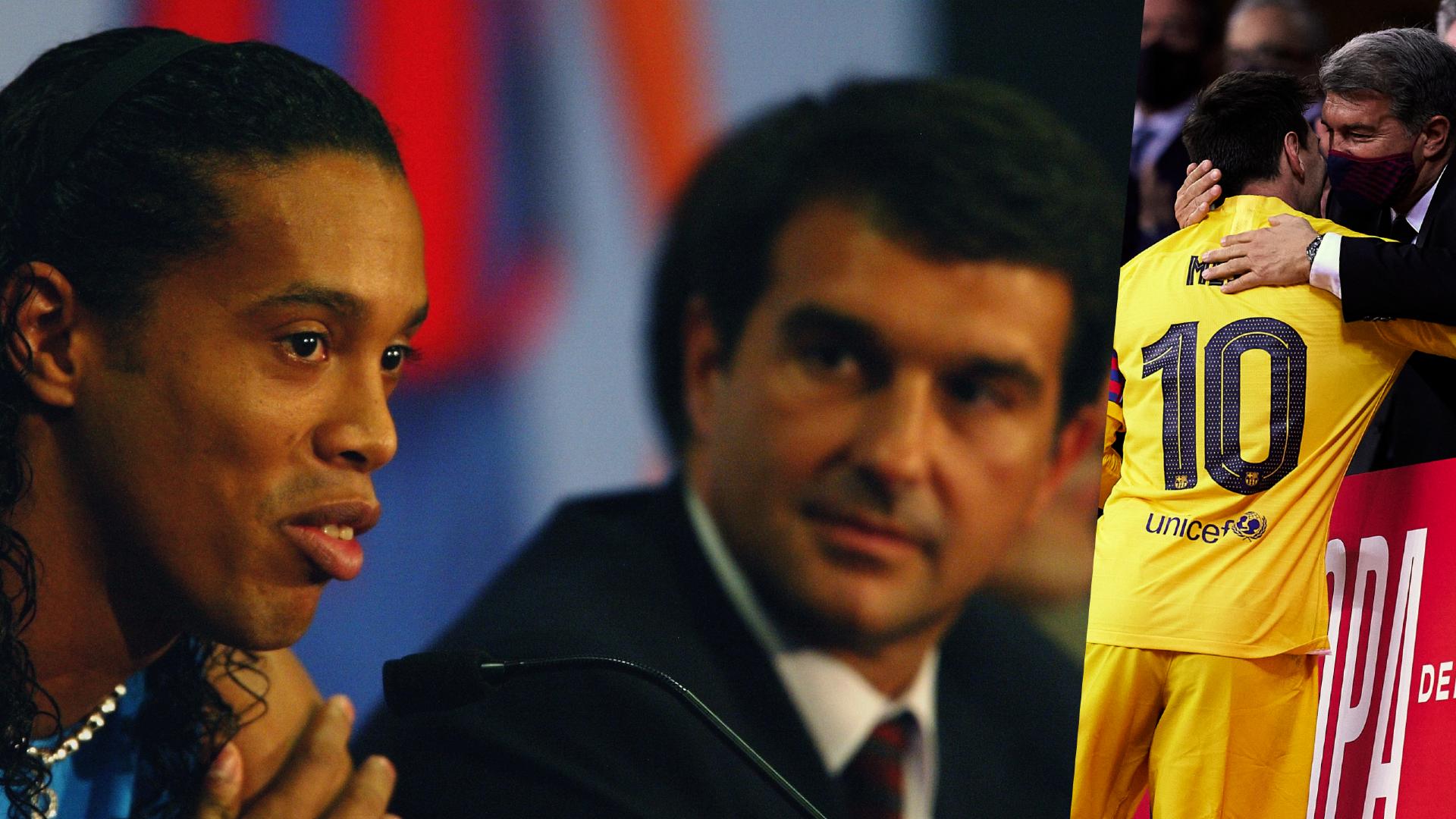 Then and now... Laporta with Ronaldinho and Messi (©Gallo images)